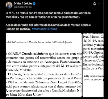 El Centro Nacional de Memoria Histórica invocó el informe judicial sobre presuntos vínculos entre el M-19 y el Cartel de Medellín - crédito @dmarcordoba / X