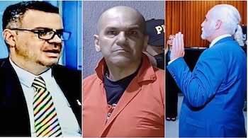 Tres paneles: hombre de traje y corbata con gafas; hombre calvo en camisa naranja; hombre de cabello blanco con traje azul y mano alzada