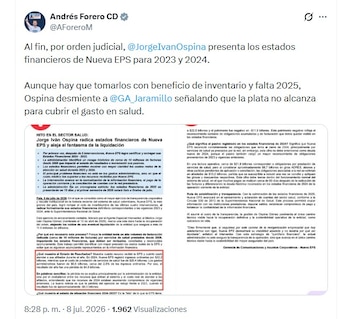 Andrés Forero aseguró que los estados financieros de Nueva EPS evidencian que los recursos para financiar el sistema de salud son insuficientes - crédito @AndresForeroM/X