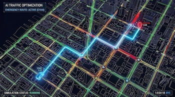 Mapa tridimensional de una ciudad con calles iluminadas en colores, una línea azul que conecta un vehículo con un hospital y etiquetas de texto