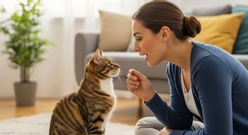 Una mujer sentada en el suelo habla con un gato atigrado que la mira fijamente. La mujer tiene el cabello recogido y viste una chaqueta azul.