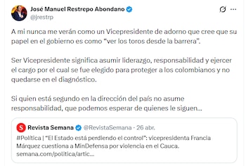 Restrepo destaca la importancia de asumir la responsabilidad del cargo para garantizar la seguridad nacional en Colombia - crédito @jrestrp/X