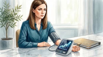 Mujer con cabello castaño mide su presión arterial con un tensiómetro digital sobre una mesa de mármol, al lado hay una carpeta médica y una planta.
