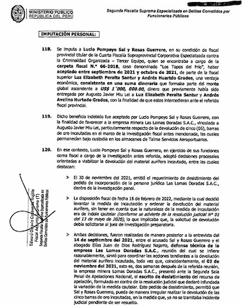 Documento oficial impreso del Ministerio Público de Perú con texto mecanografiado, sellos, firmas y párrafos numerados sobre imputación personal