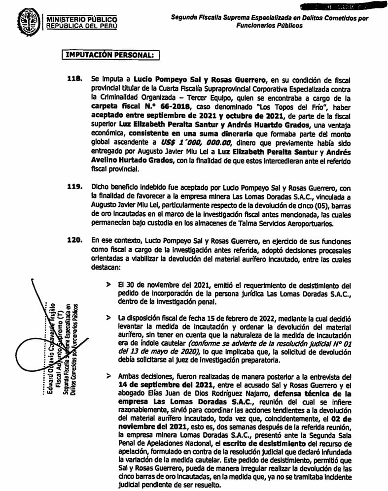 Un documento del Ministerio Público de Perú detalla la imputación penal contra el fiscal Lucio Sal y Rosas por presuntos actos de corrupción vinculados a la devolución de barras de oro.
