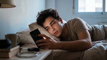 Un hombre recostado en una cama sostiene un teléfono inteligente junto a una mesa de noche con libros y una taza.