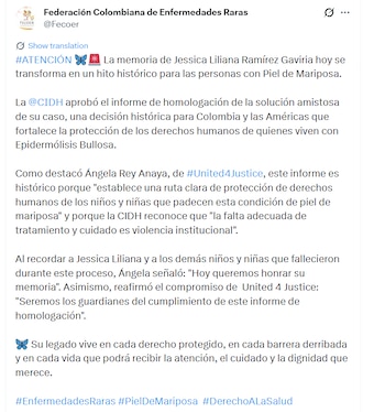 Fecoer destacó que el acuerdo establece una ruta de protección de los derechos humanos de los niños y niñas con "piel de mariposa" y valoró que la Cidh reconociera que la falta de tratamiento y cuidados adecuados constituye una forma de violencia institucional - crédito @Fecoer/X
