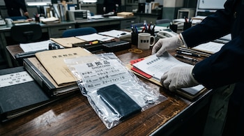 Manos con guantes de látex organizan carpetas junto a una bolsa transparente de evidencia con un teléfono en un escritorio.