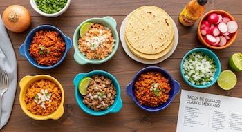 Cuencos con guisados, tortillas, cebolla picada, cilantro, rábanos, limas, salsa picante, cebolla y receta sobre una mesa de madera.