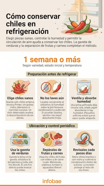 Infografía con seis pasos explicativos sobre la conservación de chiles, que incluye ilustraciones de vegetales, un refrigerador y bolsas de plástico.