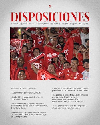 De la siguiente forma, estas serán las medidas de seguridad para el partido entre América y Junior para todos los hinchas que irán al Pascual Guerrero - crédito @AmericadeCali / X