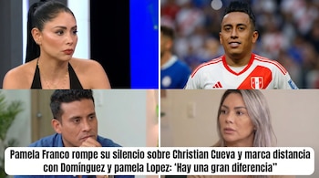 Collage de cuatro imágenes: Pamela Franco, Christian Cueva con camiseta de Perú, Domínguez pensativo y Pamela Lopez.