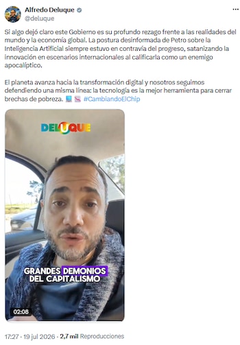 Alfredo Deluque desafió a Gustavo Petro por sus opiniones sobre inteligencia artificial y empleo - crédito @deluque/X