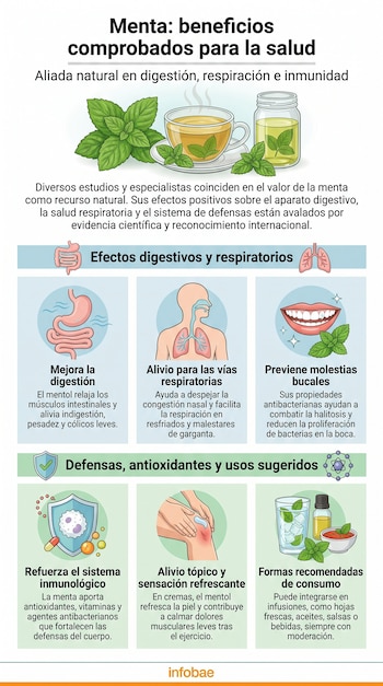 Infografía con ilustraciones de hojas de menta, té, aceite y gráficos que detallan sus beneficios para la digestión, respiración, salud bucal, inmunidad y uso tópico.