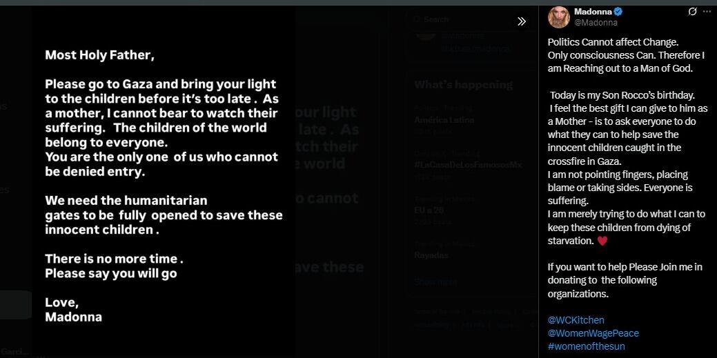 Madonna publicó una carta para el Papa Leo pidiendo su intervención en Gaza. (X/Madonna)