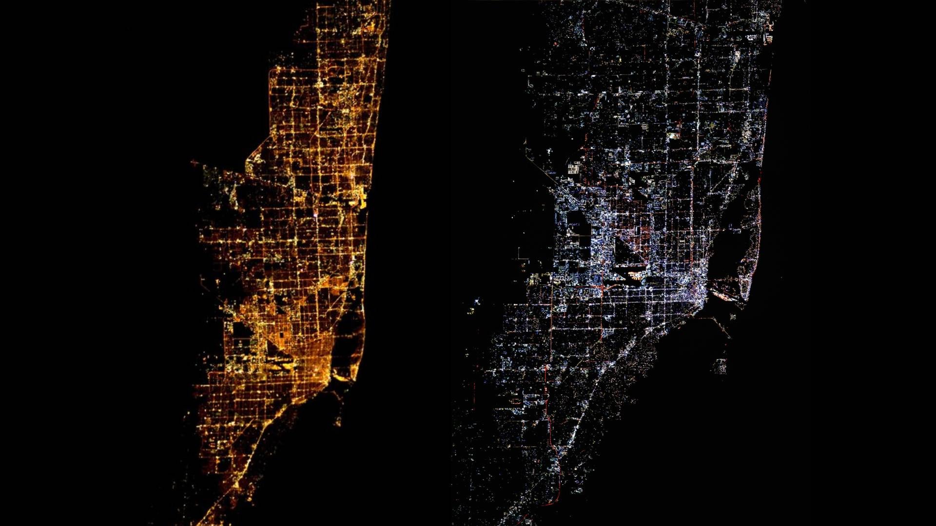 Las imágenes de Miami publicadas por Don Pettit en X evidenciaron el paso del amarillo-anaranjado de vapor de sodio a luces LED multicolor. (@astro_Pettit)
