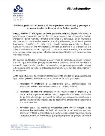 La Defensoría pide acceso seguro para organismos de socorro en Linares y Los Andes, Nariño, en medio de emergencias por incendios y violencia armada - crédito Defensoría del Pueblo