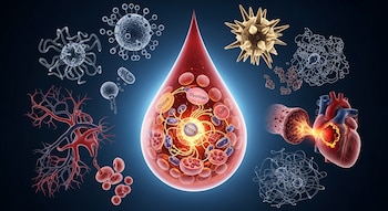 Gota de sangre con glucosa, cetonas, mitocondrias y rutas de energía celular. Alrededor: virus, neuronas, vasos, corazón y otras estructuras moleculares.