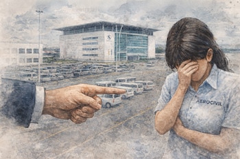 Ilustracion acuarela: persona con uniforme de Aerocivil y rostro cubierto, señalada por una mano; edificio y estacionamiento con vehiculos al fondo.