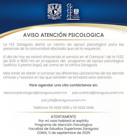 La FES Zaragoza brindará apoyo a víctimas y familiaresCRÉDITO: Facultad de Estudios Superiores Zaragoza Oficial/fb