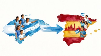 Ilustración de acuarela con mapa de Honduras, personas con una bandera hondureña, una flecha azul, un mapa de España y personas con banderas.