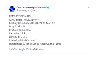 Twitter de IGP ante sismo en Ancón de 4.0