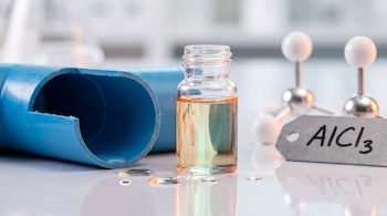 Un trozo de tubería de PVC cortado, un frasco de vidrio con aceite transparente, un modelo molecular de esferas y varillas, y una etiqueta con AlCl₃.