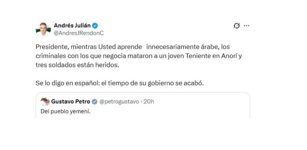 Andrés Julián Rendón criticó al presidente Petro por enfocarse en asuntos internacionales, mientras —según él— el país enfrenta una grave situación de seguridad - crédito @AndresJRendonC/X