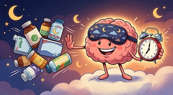 Ilustración de un cerebro rosado sonriente con un antifaz de dormir y un despertador, mientras pastillas y botellas de suplementos caen en un fondo nocturno