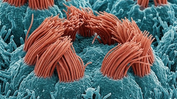 Micrografía electrónica de células ciliadas con haces de cilios color naranja rojizo densamente agrupados que se elevan de una superficie celular azul verdosa texturizada.