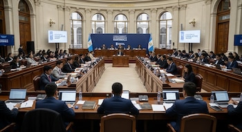 Sala de sesiones con personas sentadas en mesas largas con laptops y documentos. Al frente, una mesa con funcionarios y un estrado. Banderas de Guatemala y pantallas.