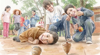 Ilustración acuarela de diez niños y niñas jugando al aire libre. Un niño en el suelo y otro agachado, cerca de dos trompos y un yo-yo.