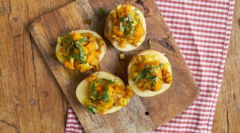 Vista superior de cuatro mitades de papas rellenas con cubos de verduras naranjas y verdes, y hierbas frescas, sobre una tabla de cortar de madera oscura.