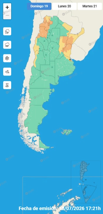 El Servicio Meteorológico Nacional muestra las alertas previstas para el domingo 18 de julio en varias regiones del país