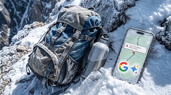 Una mochila azul, botellas de agua y un teléfono inteligente sobre nieve. La pantalla muestra un mapa con un aviso de ruta errónea.