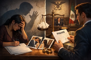 Una mujer escribe con angustia bajo una sombra masculina amenazante. Un hombre sostiene un pagaré. Balanza, anillos, foto rota, dinero, bandera mexicana.