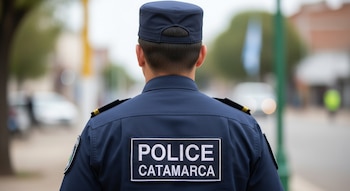 Vista trasera de un oficial de policía de Catamarca en uniforme azul con la inscripción "POLICE CATAMARCA" en la espalda y gorra, en un entorno urbano.