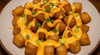 Papas fritas en cubos sobre un plato blanco, cubiertas con salsa de queso amarillo, cebolleta verde picada y espolvoreadas con pimentón rojo.