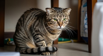Un gato atigrado marrón y negro con ojos verdes brillantes está sentado en un suelo claro. Sus orejas están ligeramente hacia los lados. Se ve parte de un mueble detrás.