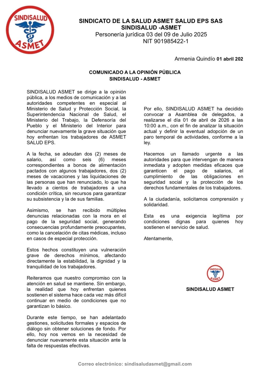 El sindicato de Asmet Salud denunció falta de pago de salarios y convocó a una asamblea - crédito @SINDISALUD/X