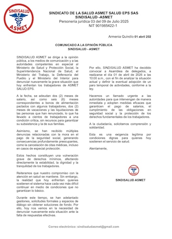 El sindicato de Asmet Salud denunció falta de pago de salarios y convocó a una asamblea - crédito @SINDISALUD/X