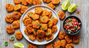 Botanas de maíz nixtamalizado con chile en un plato blanco y esparcidas sobre mesa de madera. Incluye un tazón de pico de gallo y rodajas de lima.