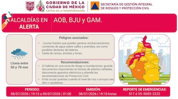 Infografía de alerta meteorológica con logotipo de Gobierno de la Ciudad de México, mapa de alcaldías, icono de lluvia y texto informativo