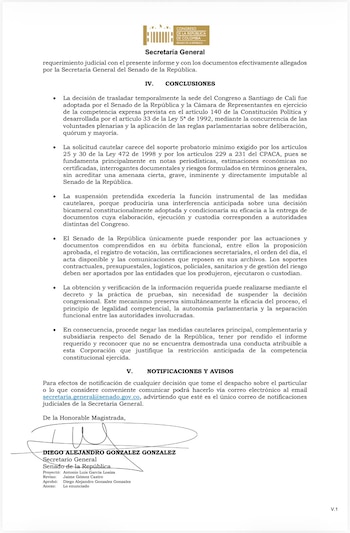 Por medio de una carta, el legislativo afirmó que la cautelar no tiene prueba suficiente para frenar el traslado