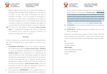 Documento legal de la Corte Suprema de Justicia de Perú, con texto sobre prolongación de prisión preventiva y nombres de jueces