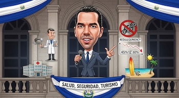 Caricatura de Nayib Bukele en el balcón del Palacio Nacional de El Salvador, flanqueado por símbolos de salud, reducción de crimen y turismo, con banderas salvadoreñas.