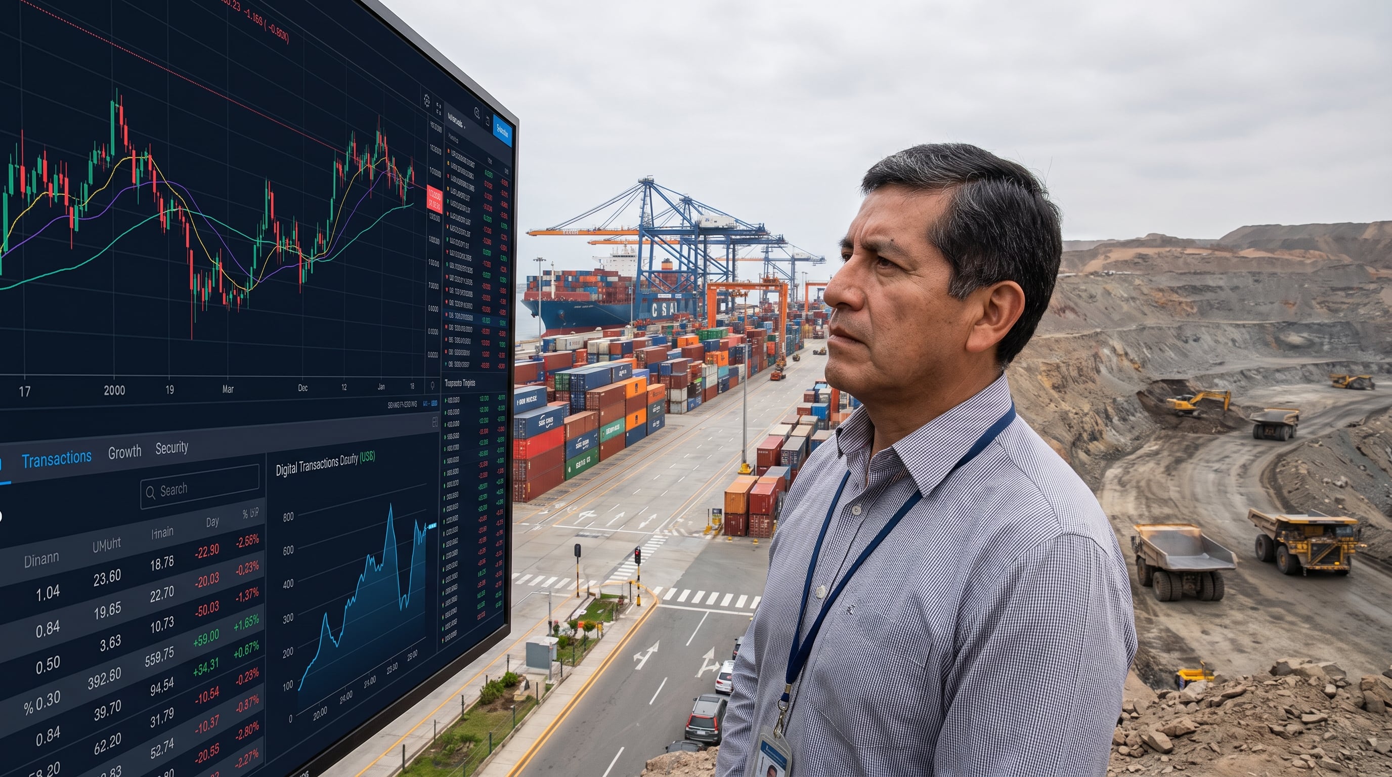 Un profesional revisa datos financieros junto a instalaciones de comercio portuario y una mina a cielo abierto en el marco de las proyecciones económicas del Perú. (Imagen Ilustrativa Infobae)