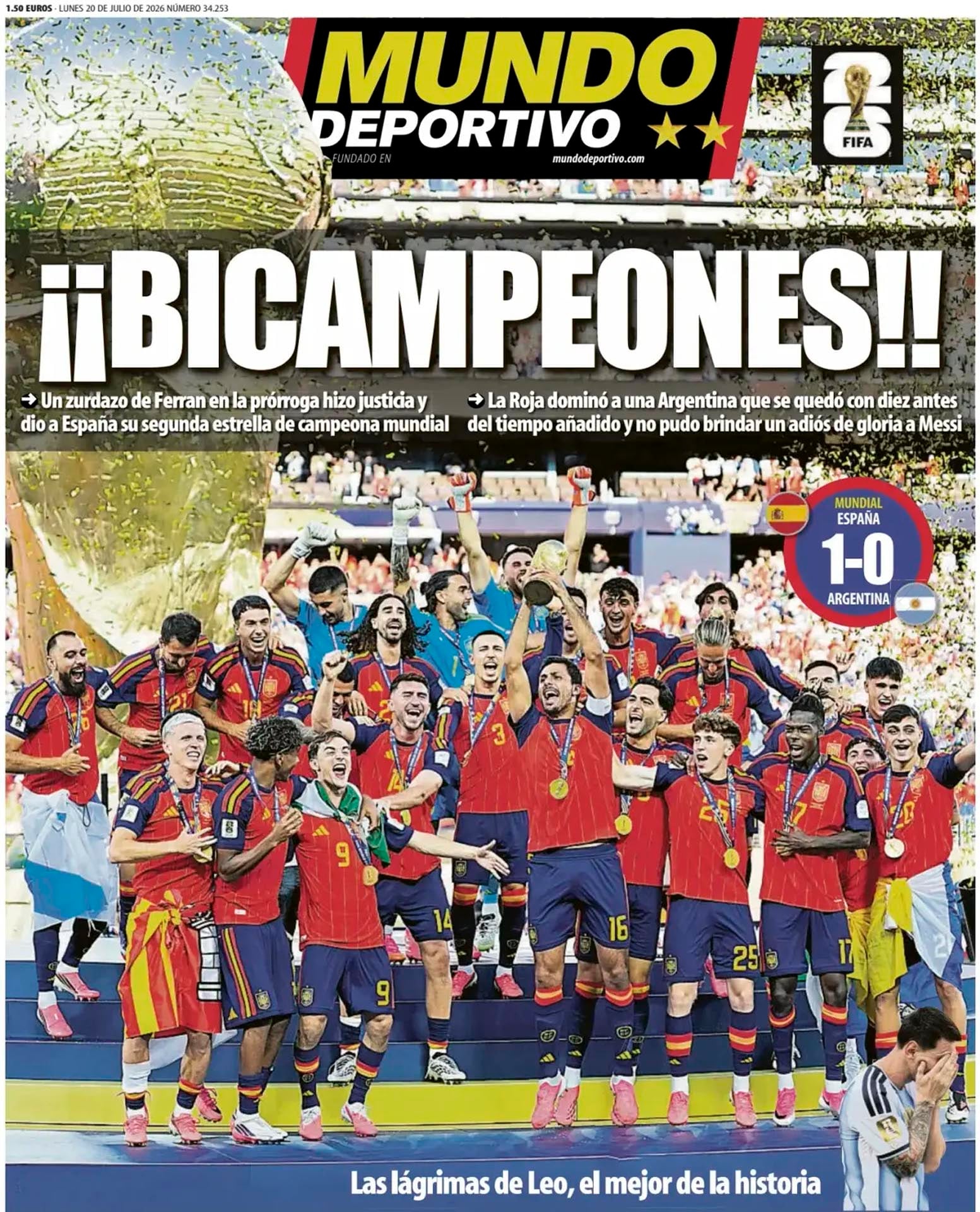 La portada del diario deportivo Mundo Deportivo celebra el segundo campeonato mundial de fútbol de España, que venció 1-0 a Argentina en la final del 20 de julio de 2026.