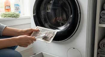 Primer plano de manos limpiando un filtro de lavadora blanco y rectangular con un cepillo pequeño, lleno de pelusas, junto a una lavadora.