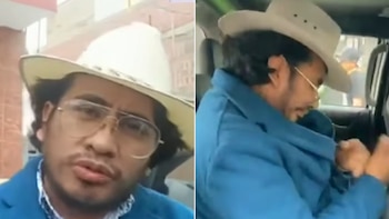 Fotografía dividida en dos, muestra a un hombre con sombrero vaquero, gafas, chaqueta azul. En la izquierda, mira de frente; en la derecha, de perfil